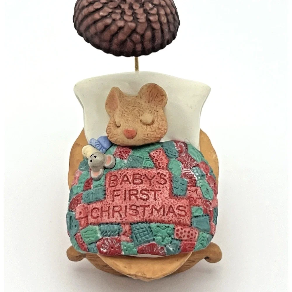 Hallmark‎ Keepsake Ornament Baby's First Christmas Sleeping Mouse in Walnut 2000
